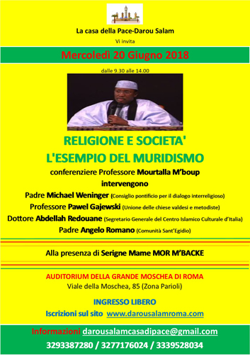 Religione e società. l'esempio del muridismo il 20 giugno all’Auditorium della Grande Moschea di Roma