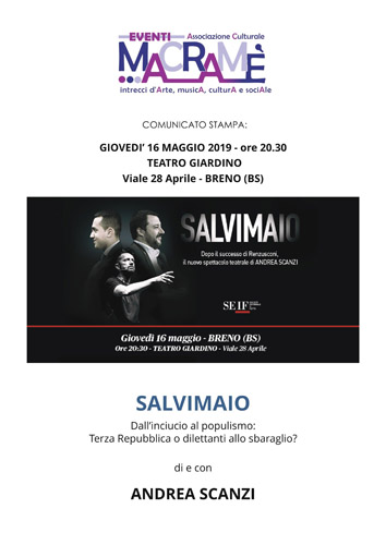 “Salvimaio”, uno spettacolo di e con Andrea Scanzi, organizzato dall’Associazione Culturale Eventi Macramè