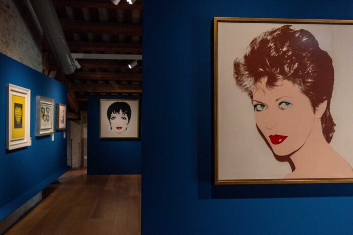 Nell'immagine si vede un suggestivo e intenso ritratto di Regina Schrecker, modella, stilista e musa di Warhol, che qui accoglie il pubblico con un’esplosione di colore e fascino pop. Sullo sfondo fa capolino, l'iconico ritratto di Liza Minelli.